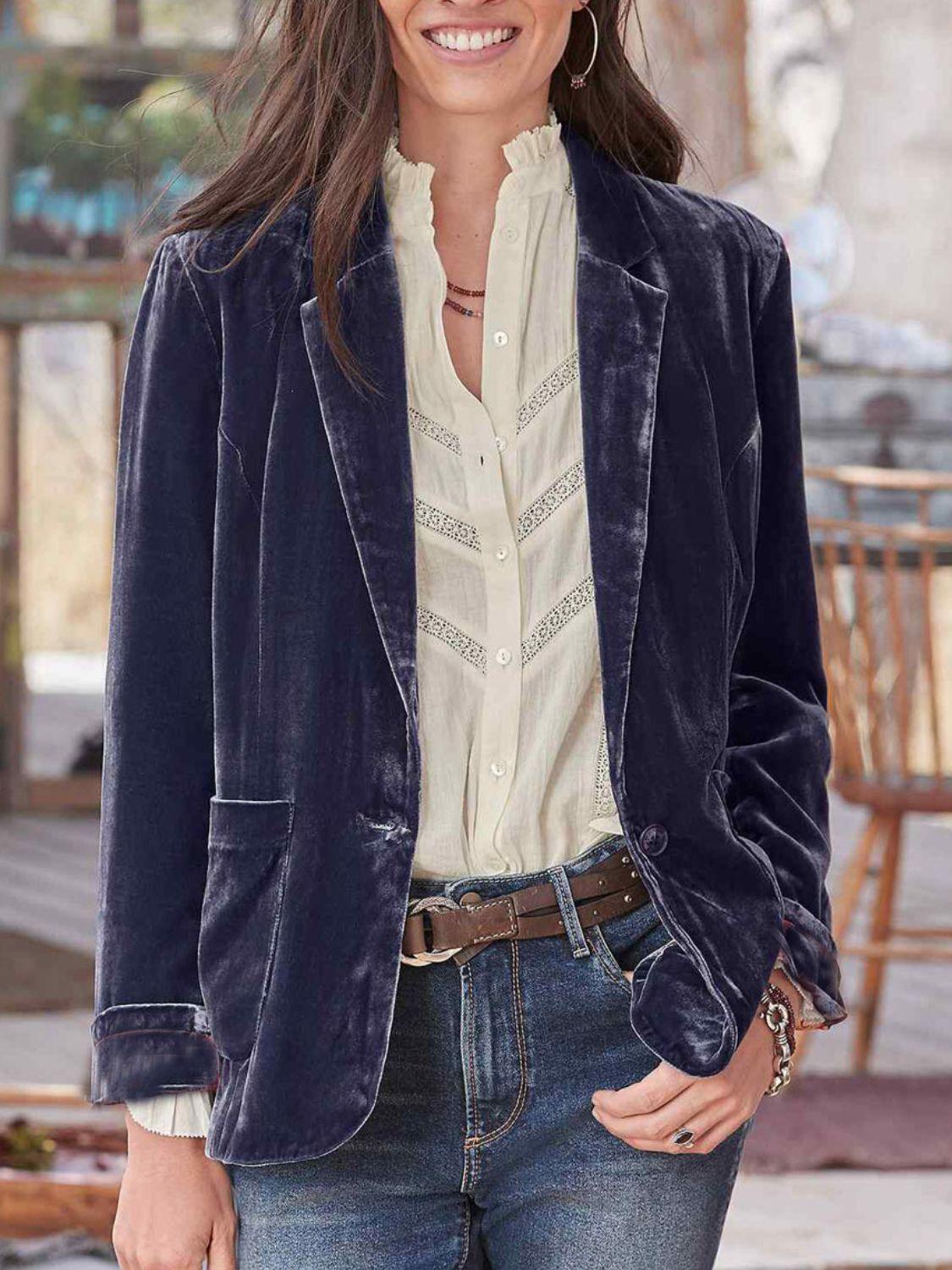 Pocketed Button Up Lapel Collar Blazer Violet