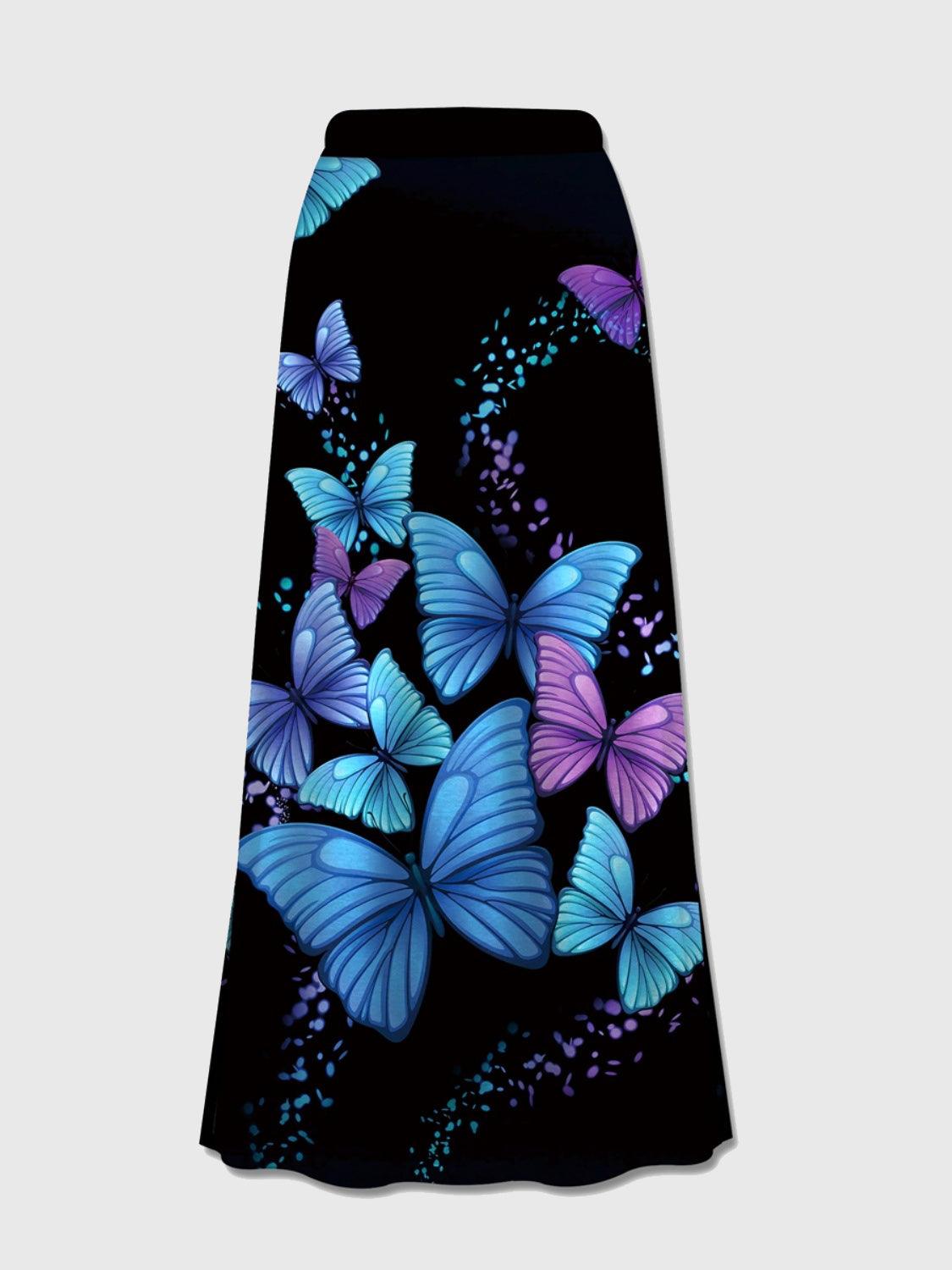 Printed Elastic Waist Midi Skirt Peacock Blue