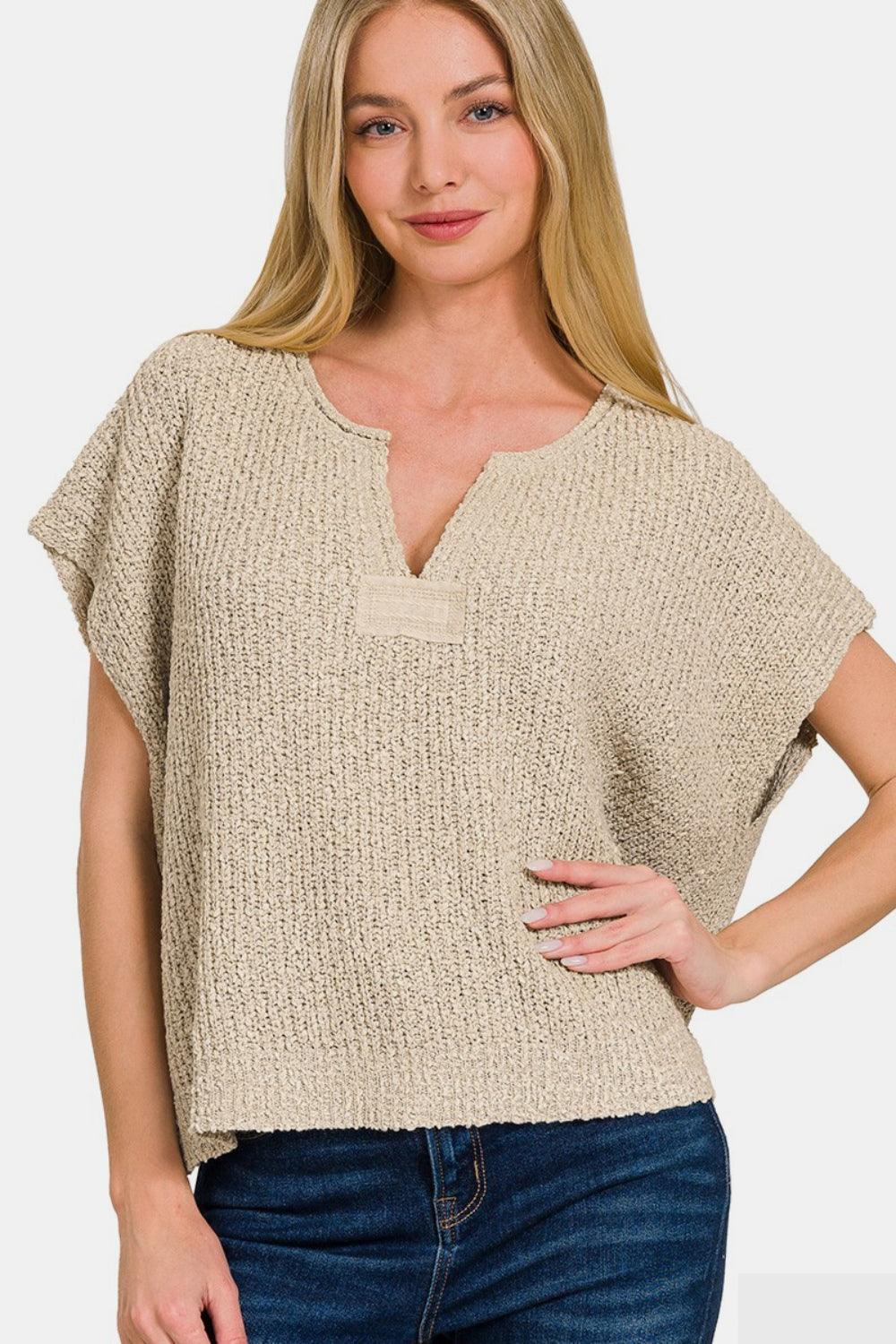 Zenana Short Sleeve Side Slit Sweater H Mocha