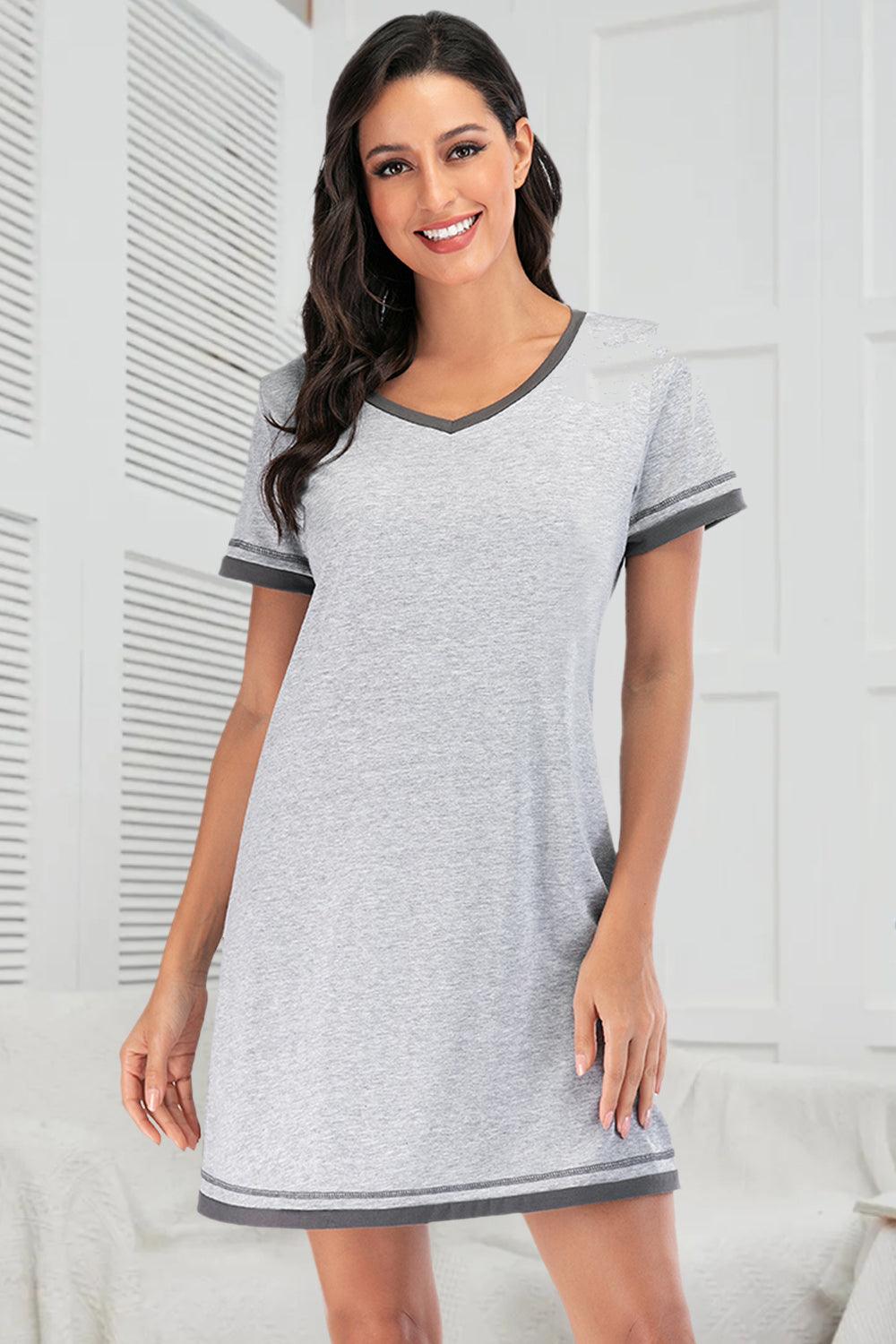 Contrast Trim Short Sleeve Lounge Dress Light Gray