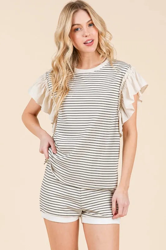 Lime 'N' Chili Striped Ruffle Sleeve Round Neck Top & Shorts Set