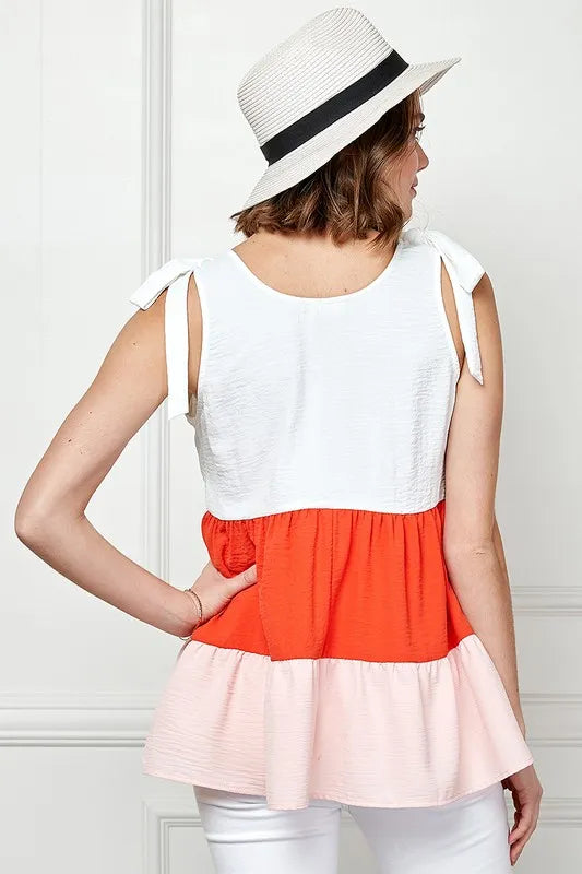 Lime 'N' Chili Color Block Sleeveless Tie Shoulder Babydoll Top