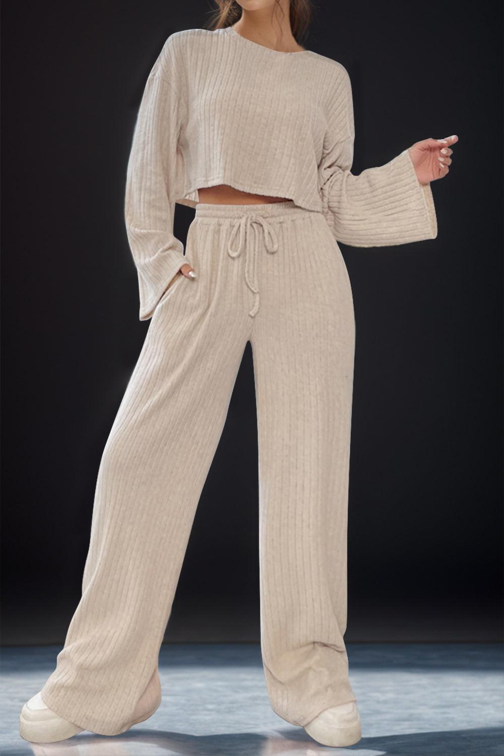 Round Neck Long Sleeve Top and Pants Set Khaki