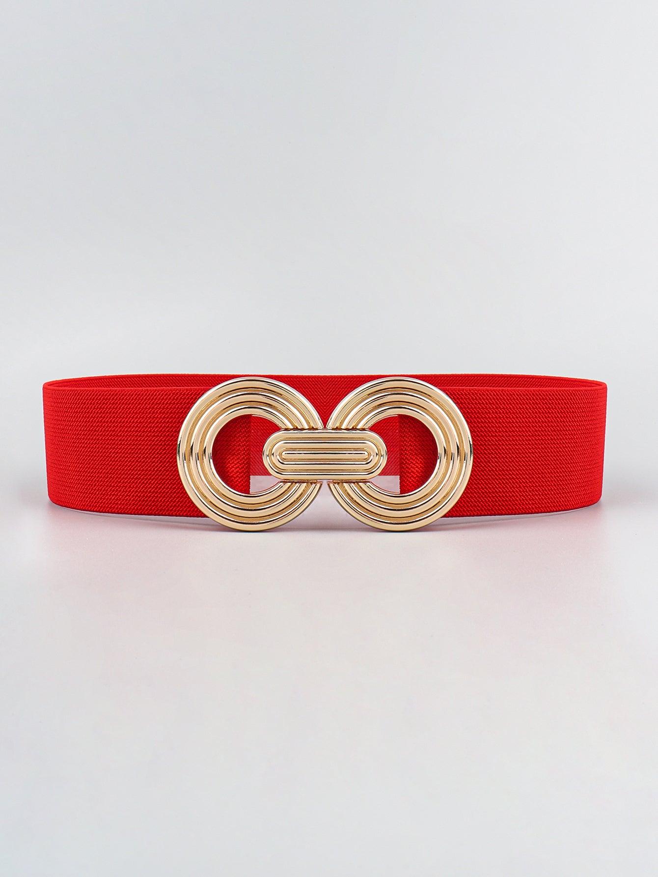 Geometric Buckle Elastic Wide Belt Red One Size