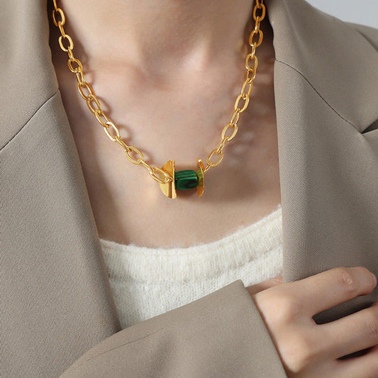 Natural Stone Pendant Titanium Steel Necklace Dark Green One Size