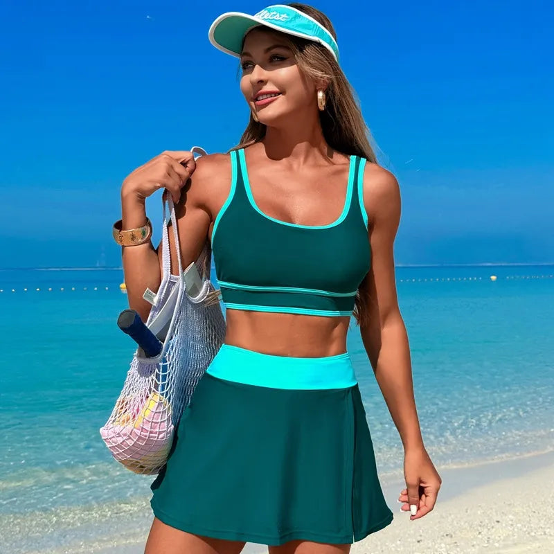 Scoop Neck Top and Skort Swim Set Deep Teal M