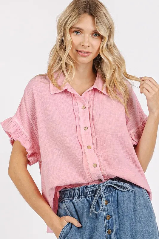 Mittoshop Mineral Washed Button Down Flounce Sleeve Shirt Blush Pink