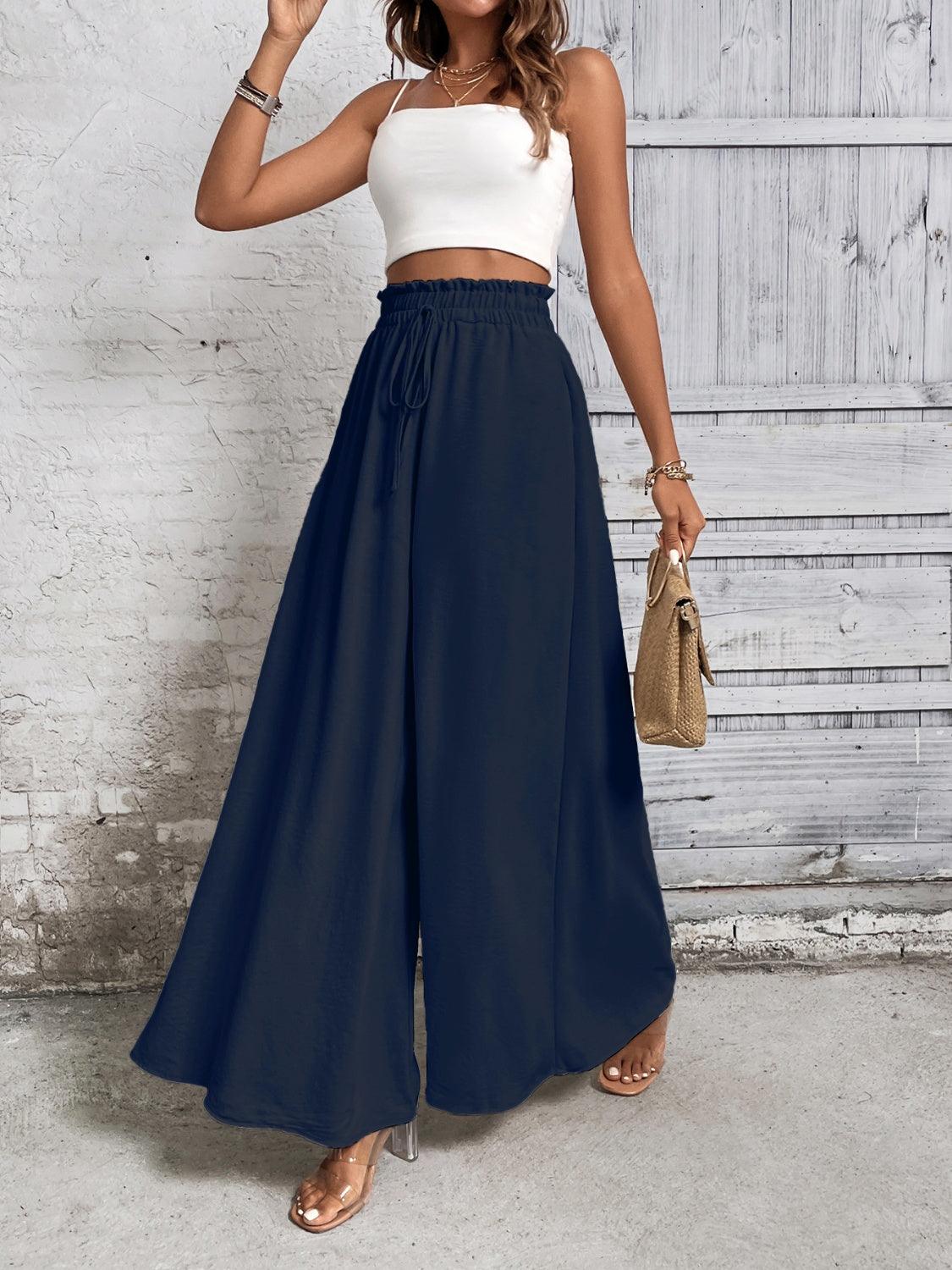 Honey Tied High Waist Wide Leg Pants Dark Blue