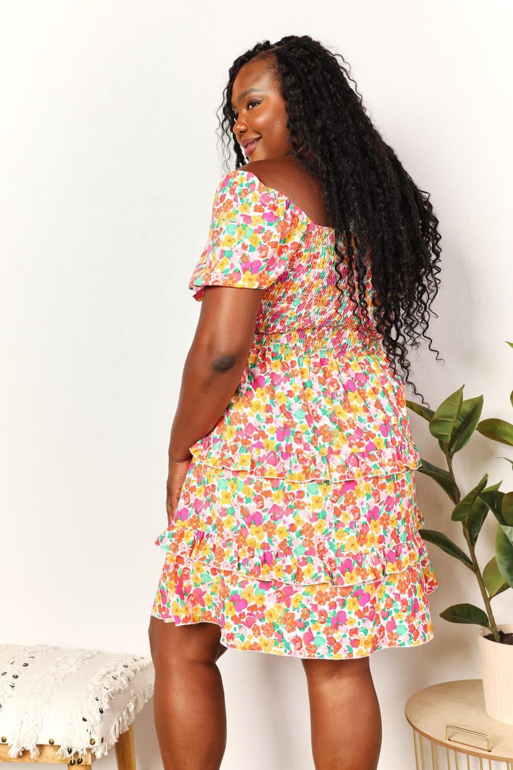 Double Take Smocked Sweetheart Mini Dress with Flounce Sleeves