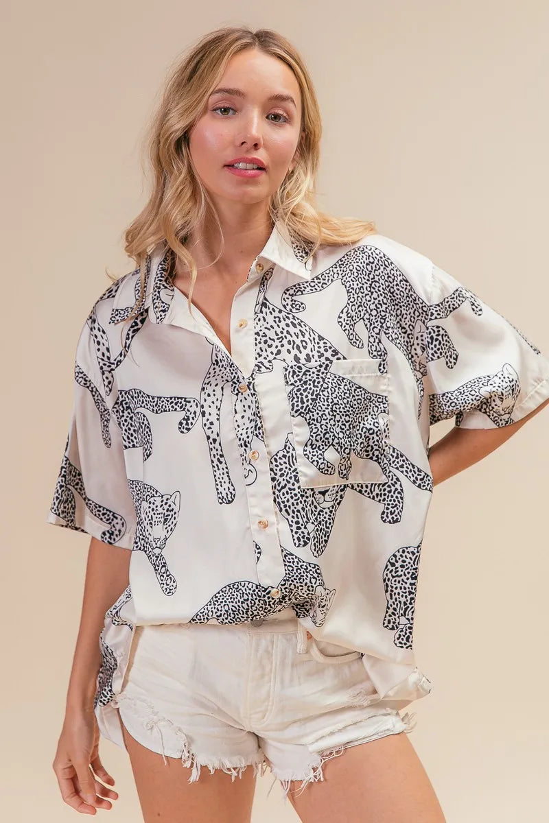 BiBi Leopard Print Short Sleeve Silky Satin Shirt Top