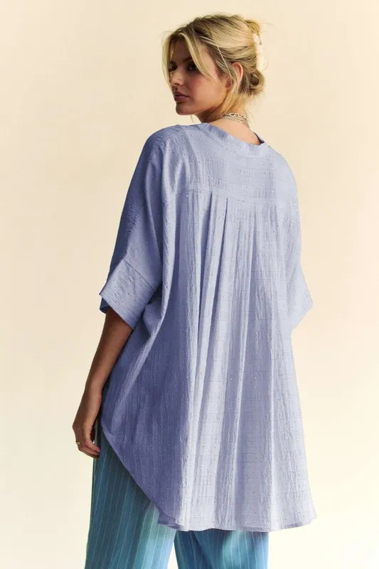 Davi & Dani Rhinestone Pleat Back Short Sleeve Loose Fit Shirt