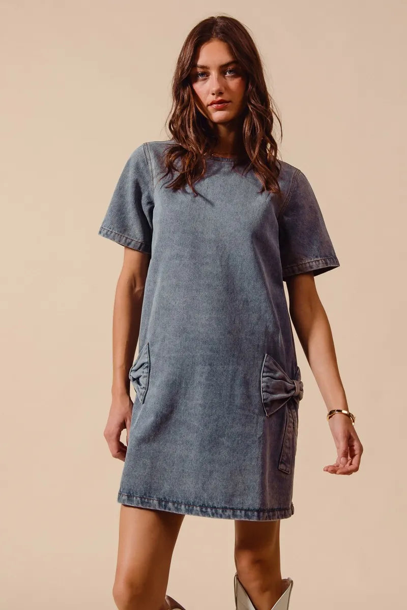 SO ME Bow Ribbon Knot Applique Denim Mini Dress