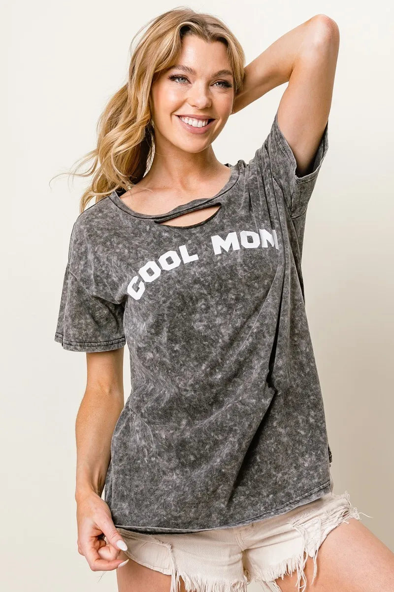 BiBi Washed Laser Cut Detail Cool Mom Print Top BLACK CHARCOAL