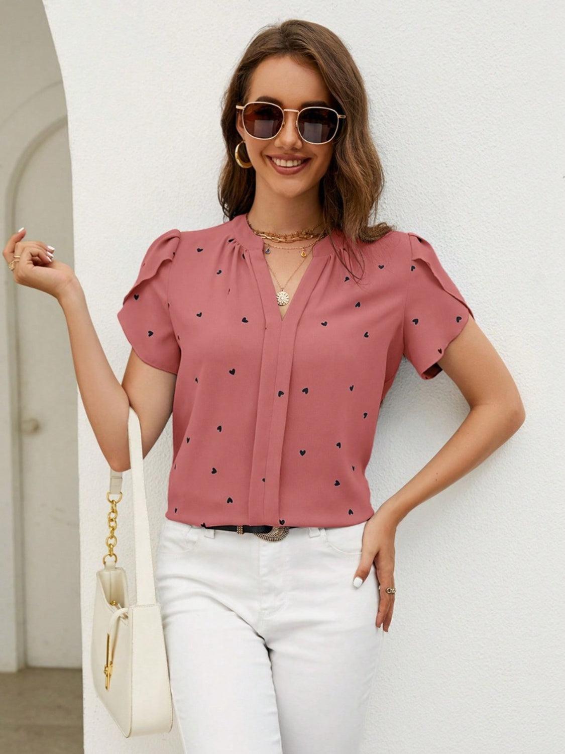 Heart Print Notched Petal Sleeve Blouse Light Mauve