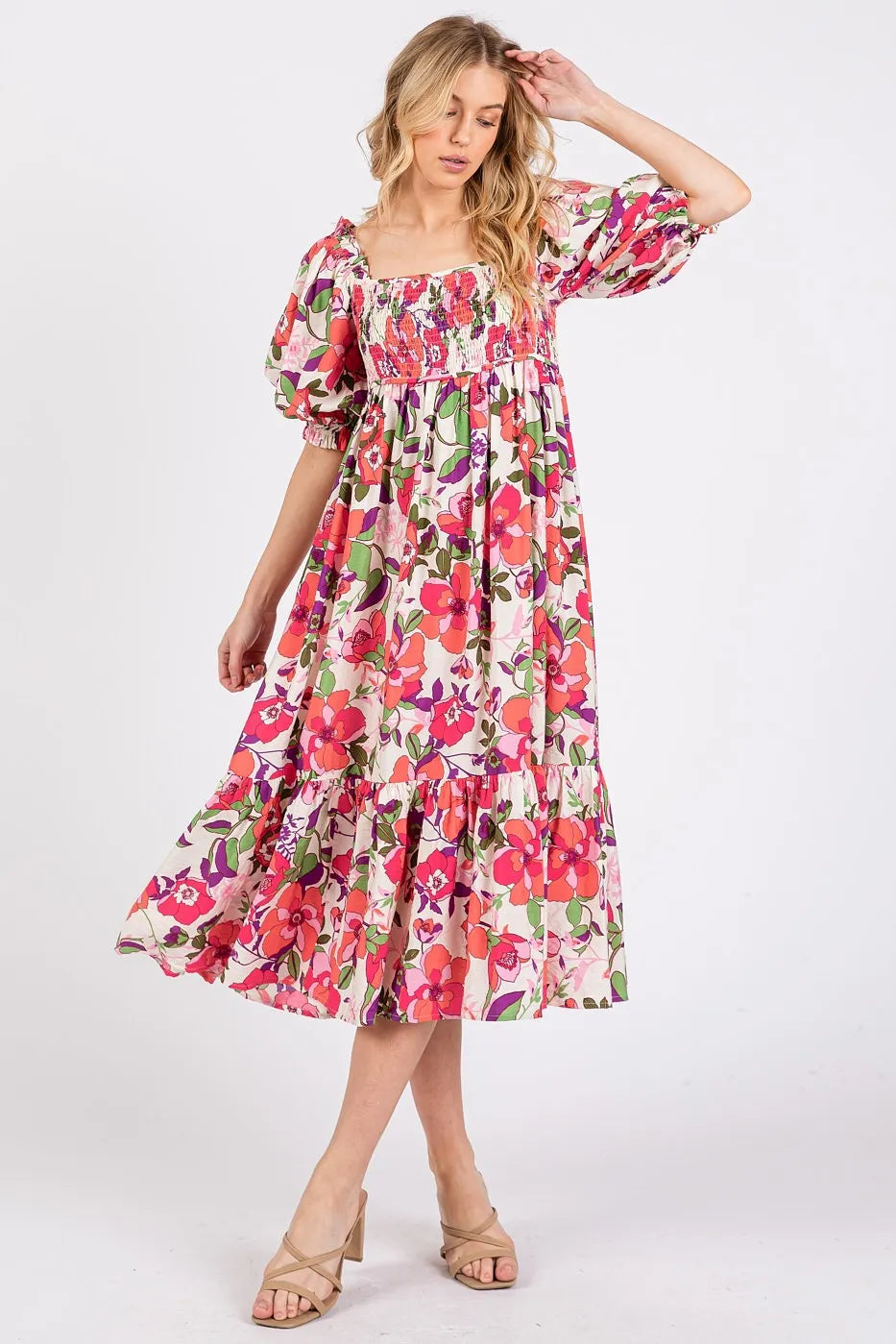 Mittoshop Flower Print Puff Sleeve Ruffle Smocked Midi Dress FUCHSIA