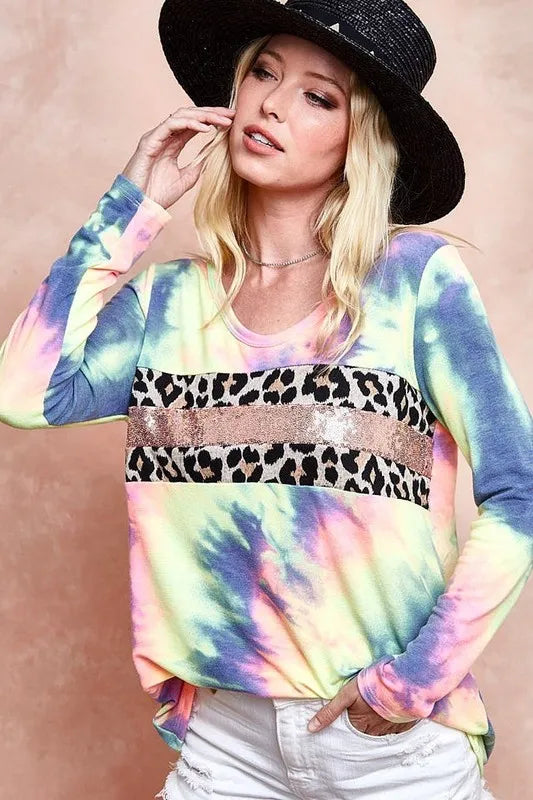 BiBi Tie Dye Deep U-neck Top with Leopard and Sequins CHARCOAL TIEDYE