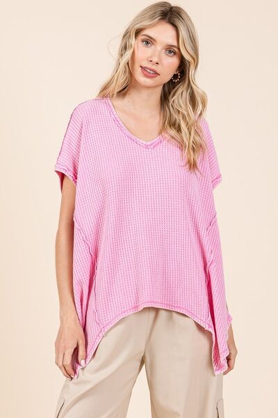 Mittoshop Mineral Wash Waffle Knit Pointed Hem Oversized Top Pink