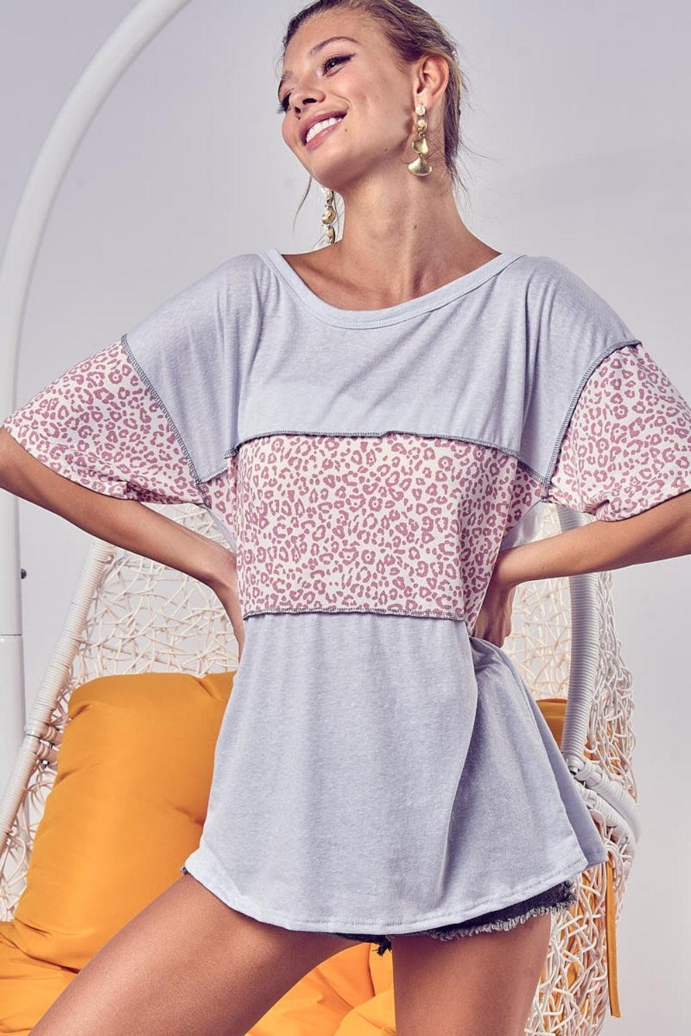 BiBi Leopard Block Exposed Seams T-Shirt Ice Grey