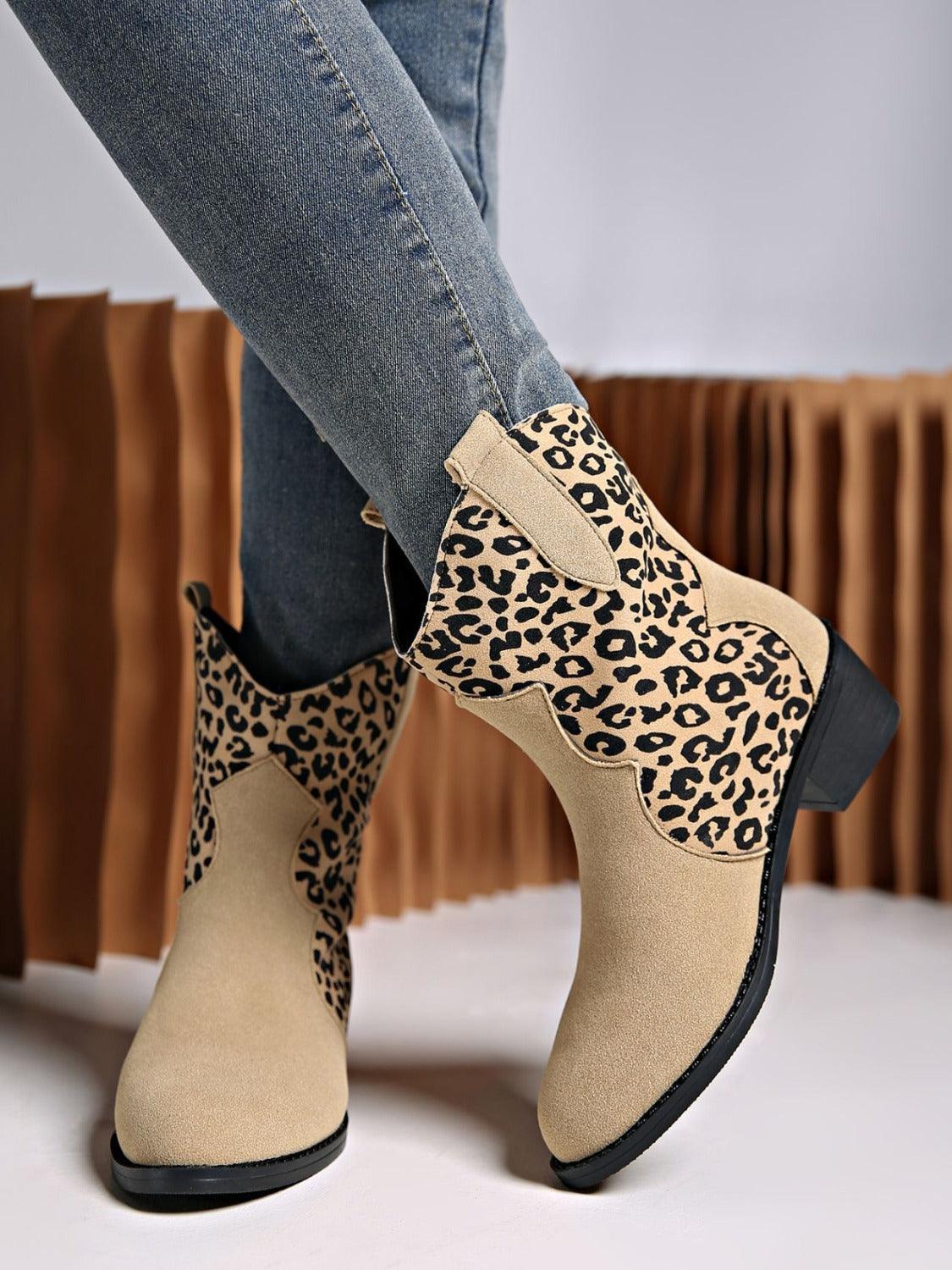 Leopard Suede Block Heel Boots Khaki