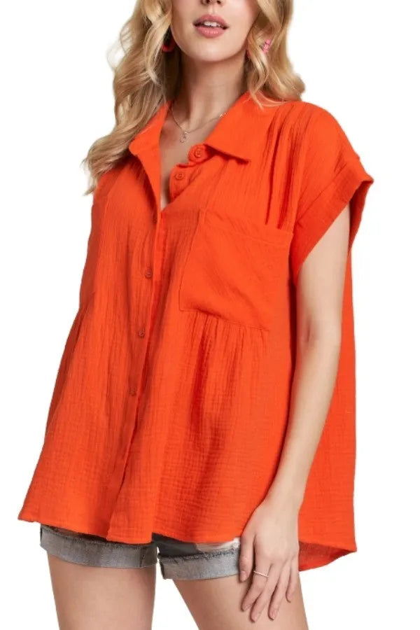 ADORA Button Down Solid Shirt W Pockets ORANGE