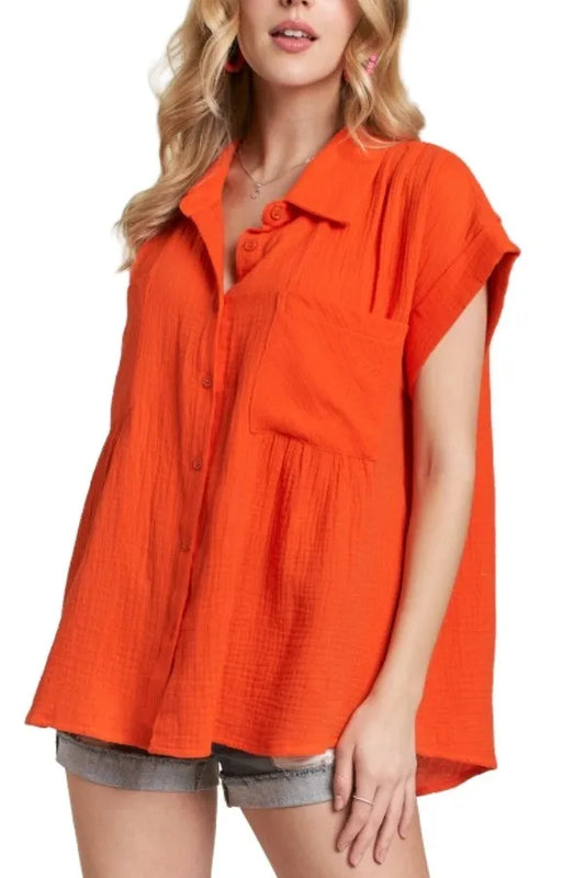 ADORA Button Down Solid Shirt W Pockets ORANGE