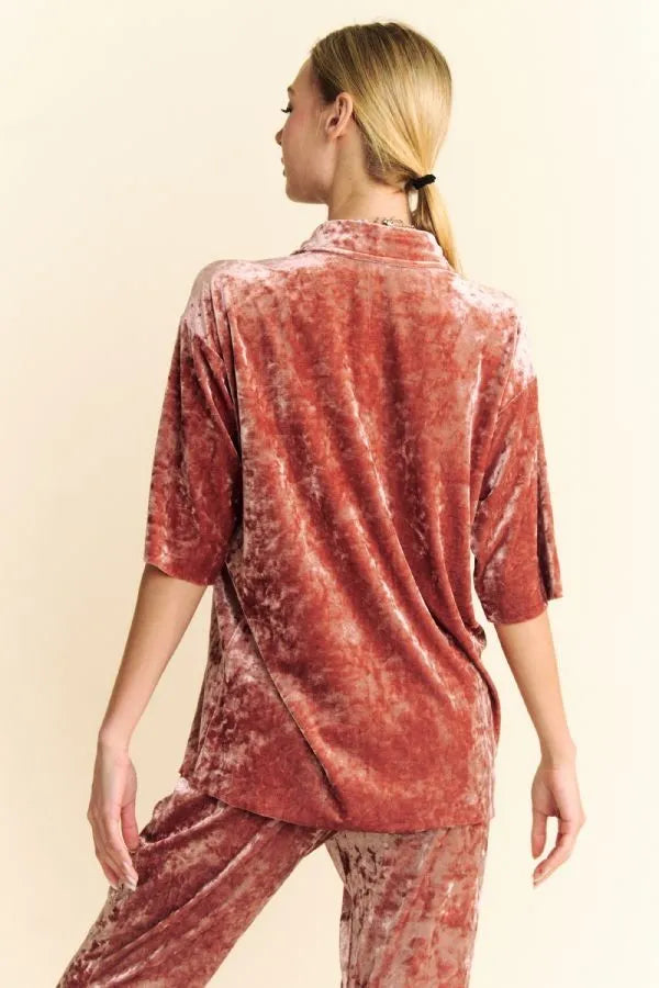 Davi & Dani Crushed Velvet Button Front Easy Lounge Shirt Top