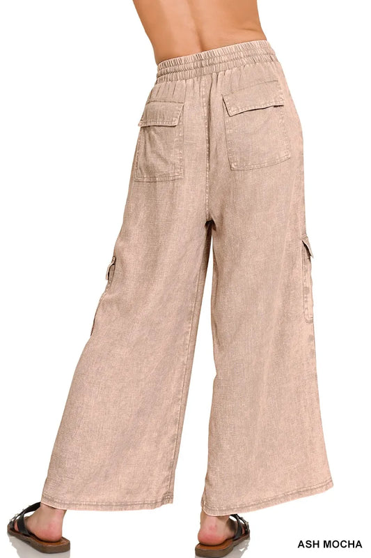 Zenana Washed Linen Elastic Band Waist Cargo Pants