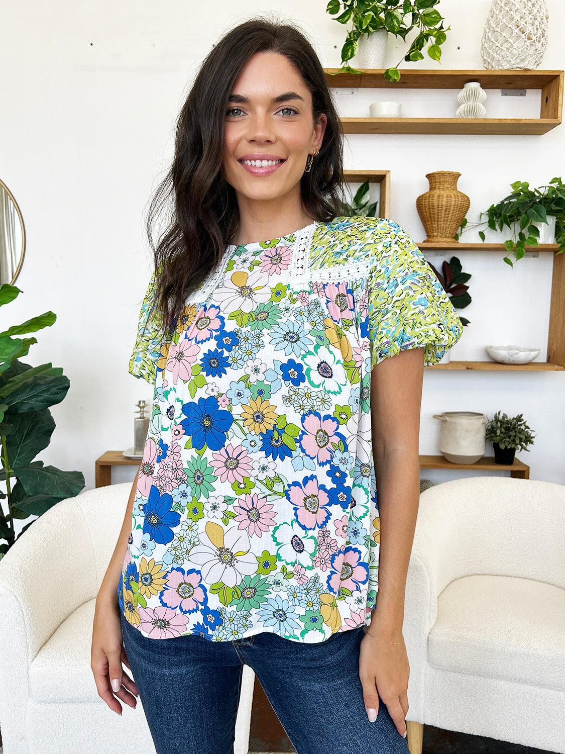Printed Round Neck Puff Sleeve Blouse Lime