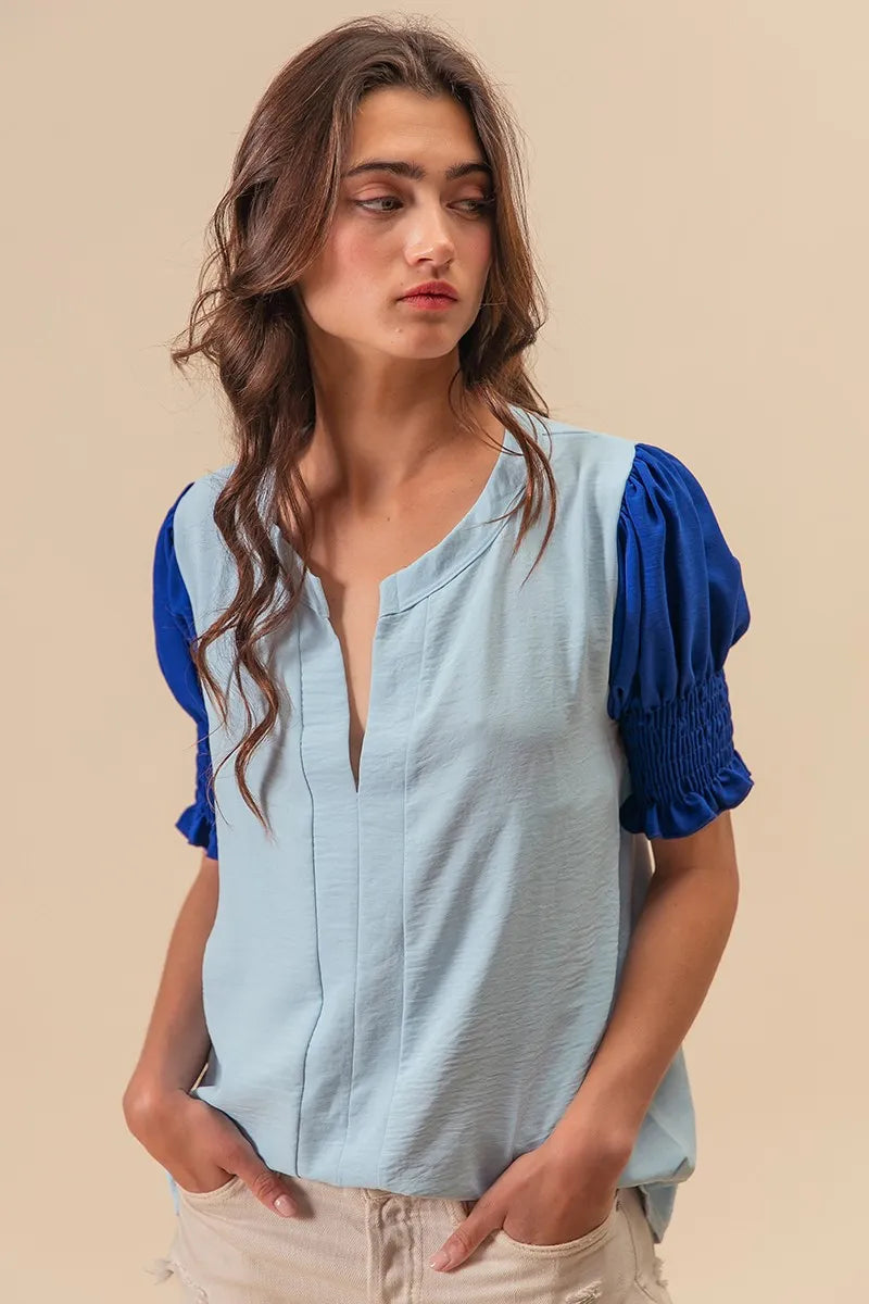BiBi Air Flow Color Block Puff Sleeves V Neck Top