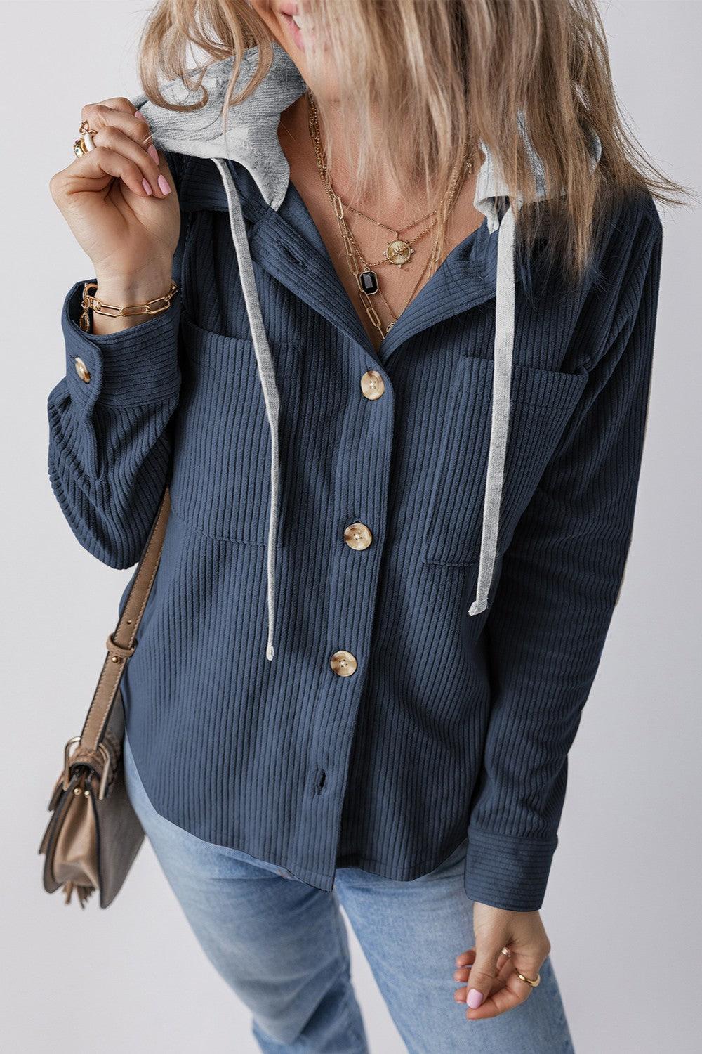 Drawstring Button Up Long Sleeve Hooded Jacket French Blue