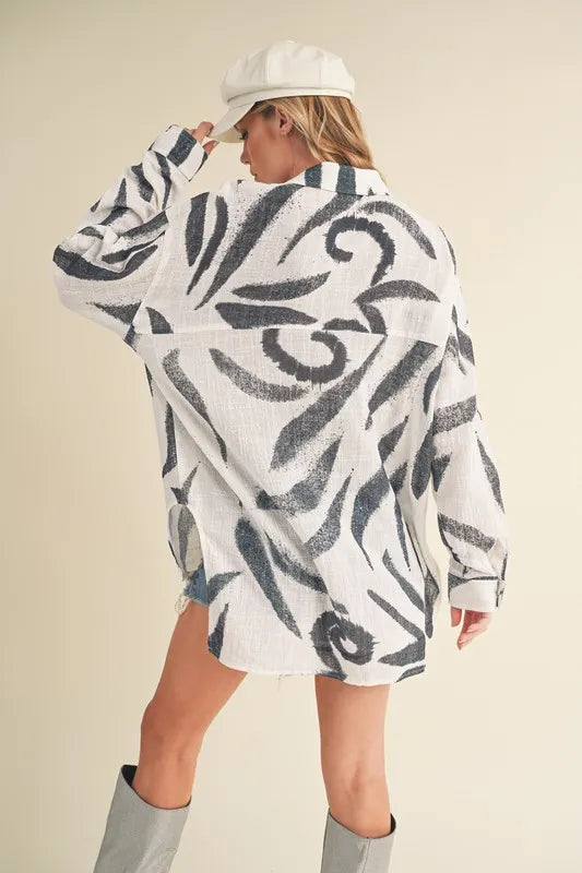 Aemi + Co High-Low Printed Button Up Long Sleeve Shirt