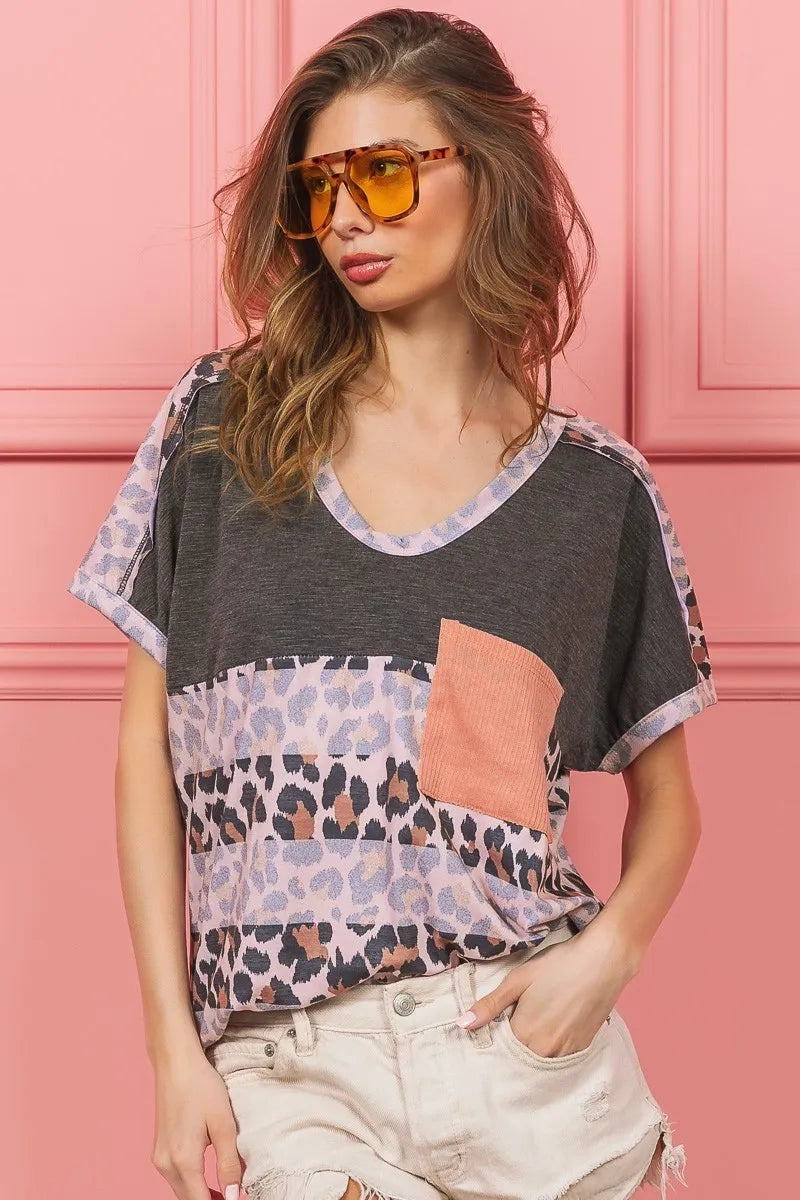 BiBi Leopard Stripe with Slub Terry Color Block T-Shirt CHARCOAL