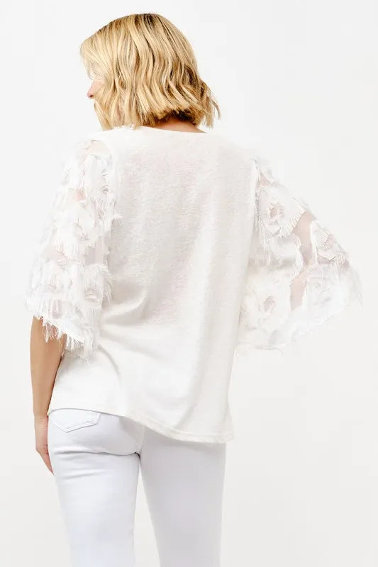 And The Why Feather Detailed 3/4 Sleeve Slub Top