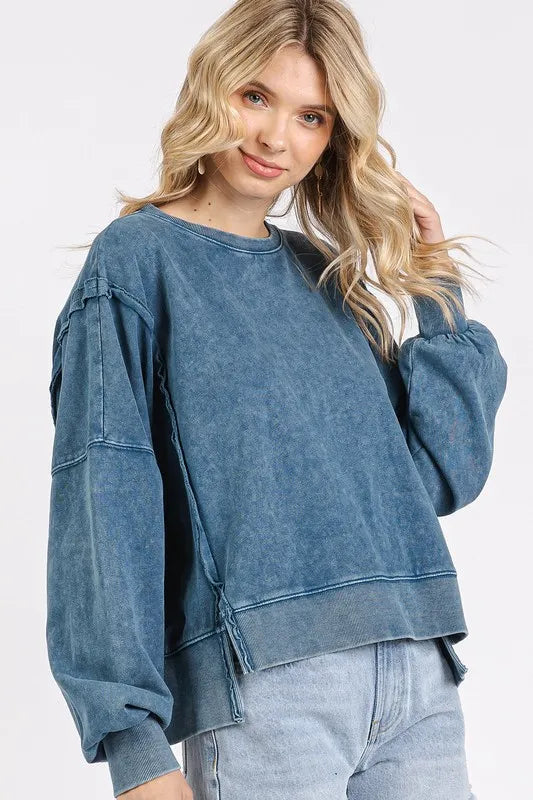 Mittoshop Side Slit Exposed Seam Round Neck Sweatshirt
