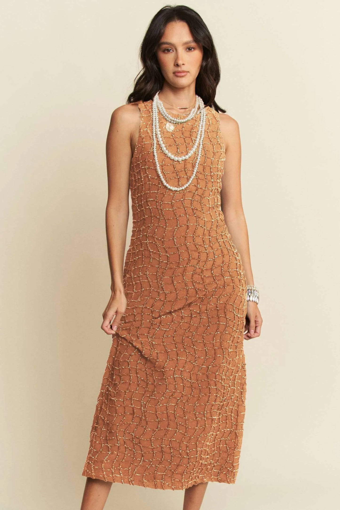 Davi & Dani Golden Textured Zippered Midi Dress