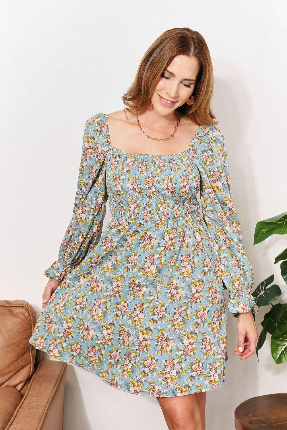 Double Take Floral Smocked Flounce Sleeve Square Neck Dress Floral