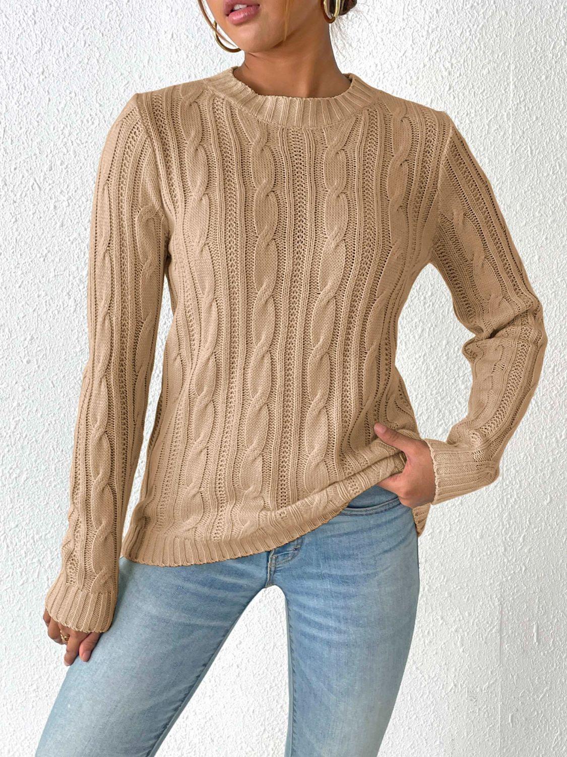 Cable-Knit Round Neck Sweater Camel