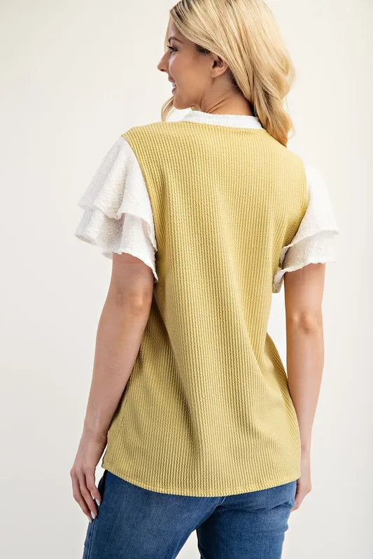 Celeste Full Size Solid Color Top with Ruffle Layered Sleeves Plus Size