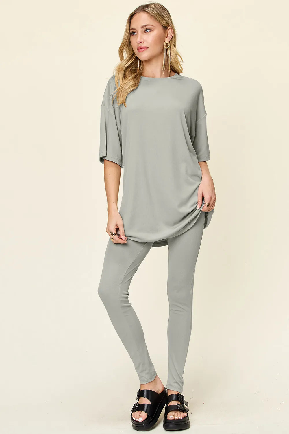 Double Take Full Size Round Neck Dropped Shoulder T-Shirt and Leggings Set Light Gray