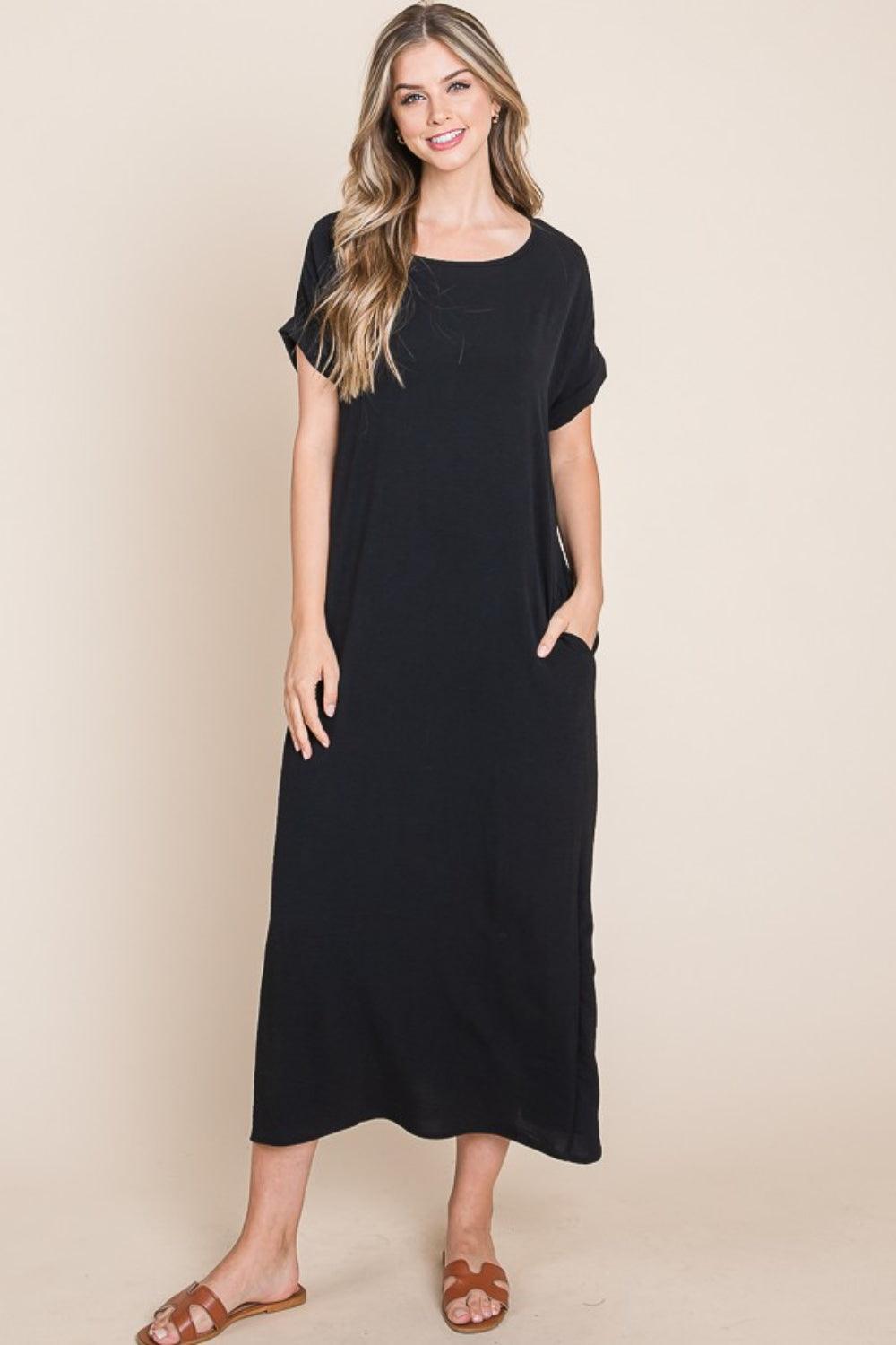 BOMBOM Round Neck Short Sleeve Midi Dress with Pockets Black
