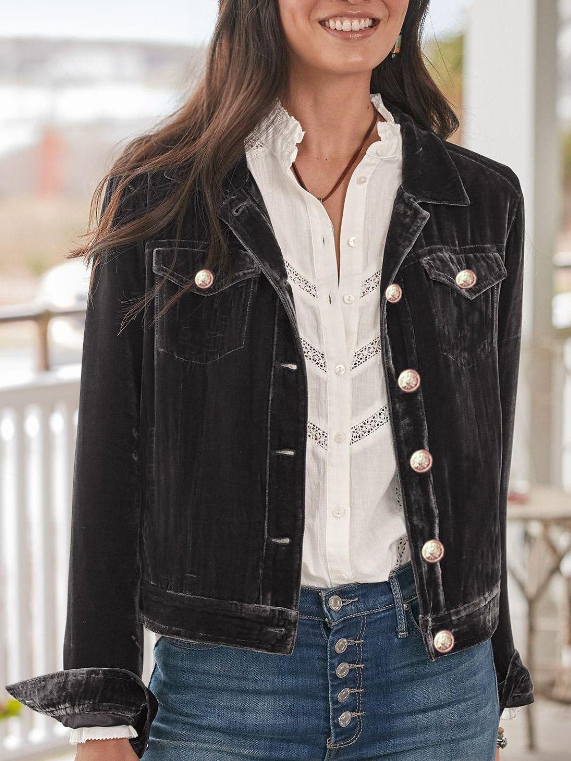Button Up Long Sleeve Jacket with Chest Pockets Black