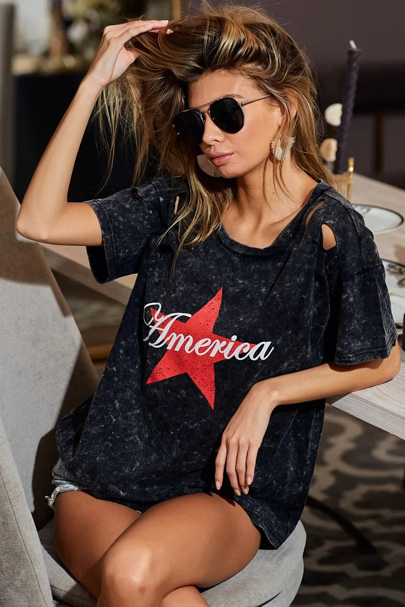 BiBi Laser Cut Mineral Washed Jersey Top with America BLACK CHARCOAL