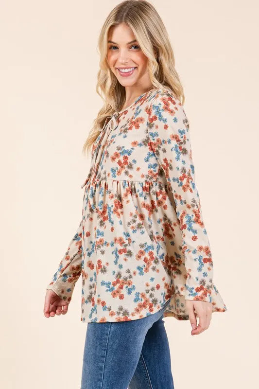 BOMBOM Floral Print Tie Neck Long Sleeve Blouse