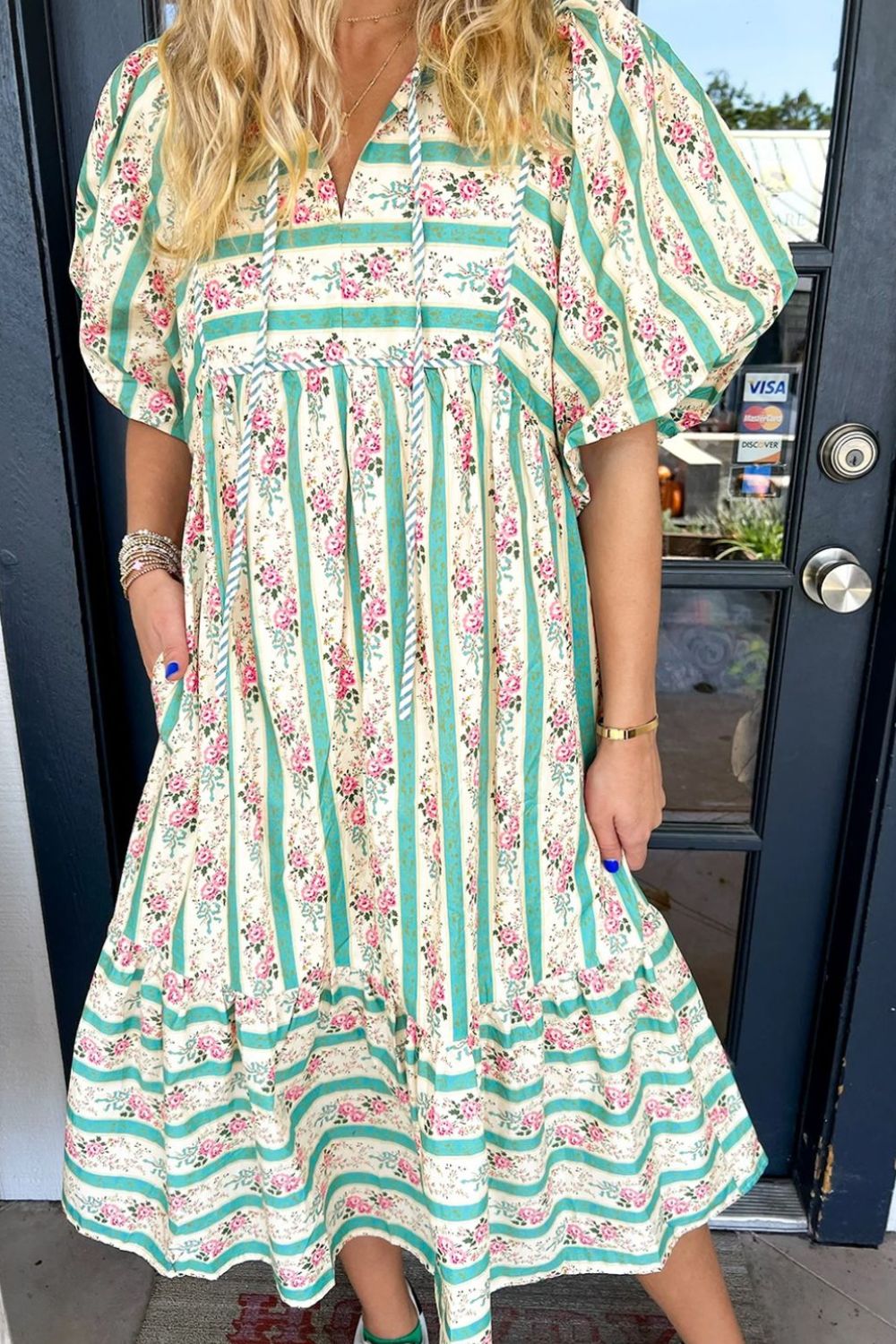 Striped Floral Print Tie Neck Puff Sleeve Midi Dress