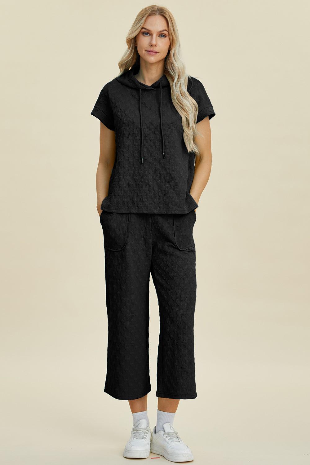 Double Take Full Size Texture Drawstring Short Sleeve Hoodie and Pocketed Pants Set Black