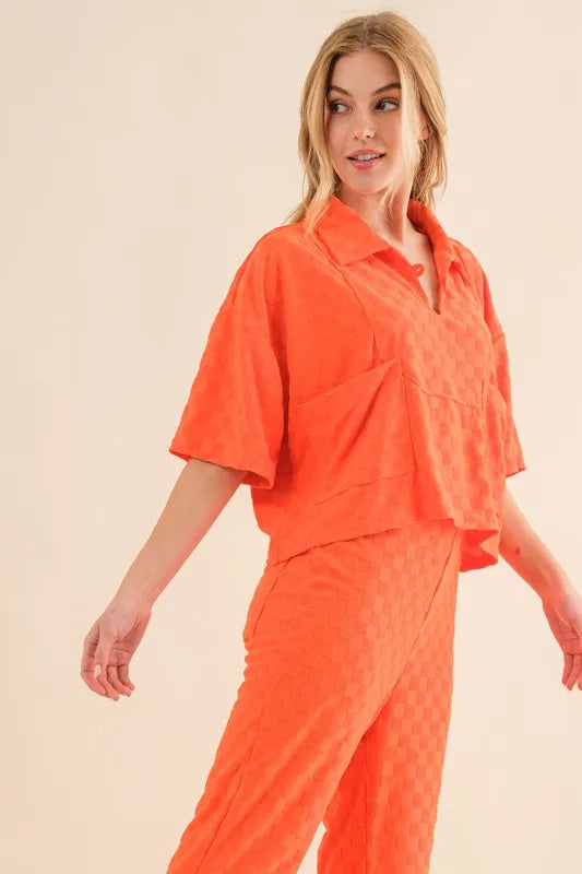 And The Why Brushed Texture Checker Board Pattern Casual Top