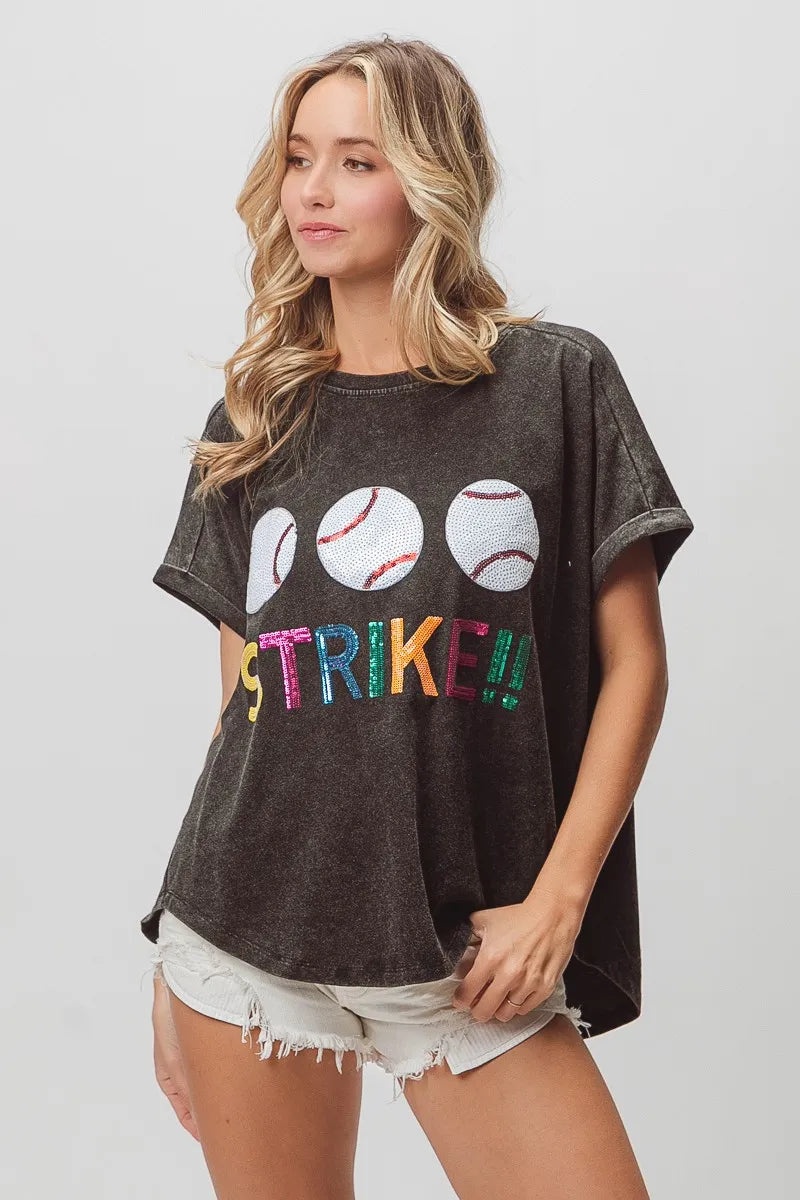 BiBi Sequin Baseballs Strike Washed Short Sleeve Top