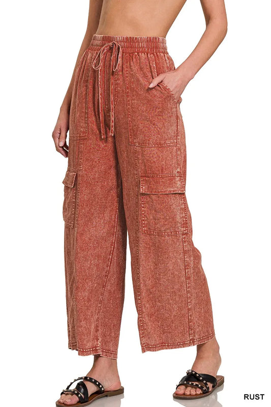 Zenana Washed Linen Elastic Band Waist Cargo Pants