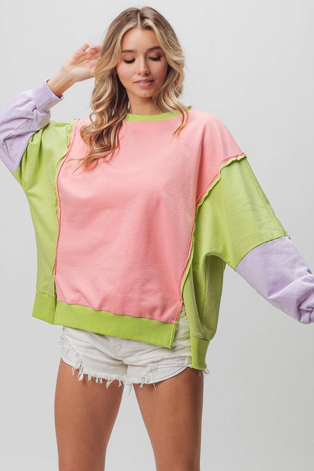 BiBi Color Block Sweatshirt for Trendy Casual Style Pink Lime Lavender