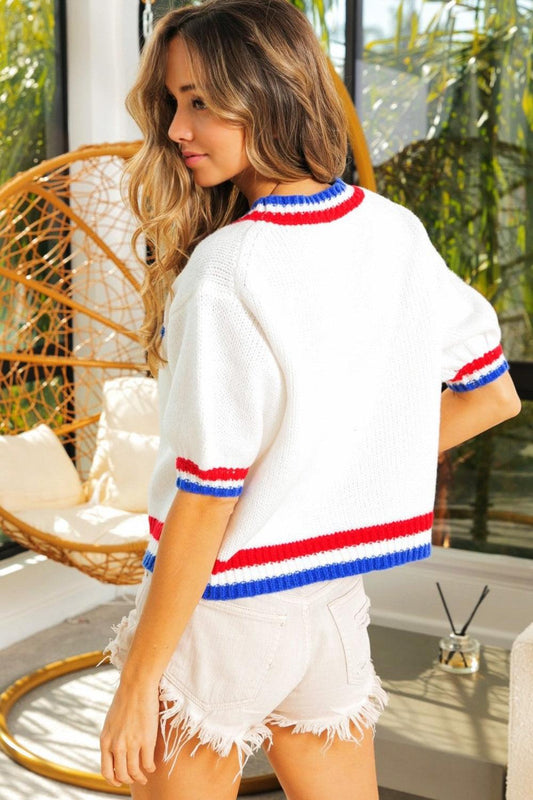 BiBi America Letter Short Sleeve Metallic Sweater